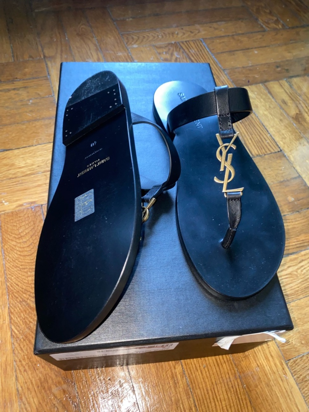 Saint Laurent Black Leather Sandals with Gold YSL Logo - Picture 2 of 3